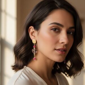 Handmade Pink Glass Heart Drop Earrings Gold Tone Statement